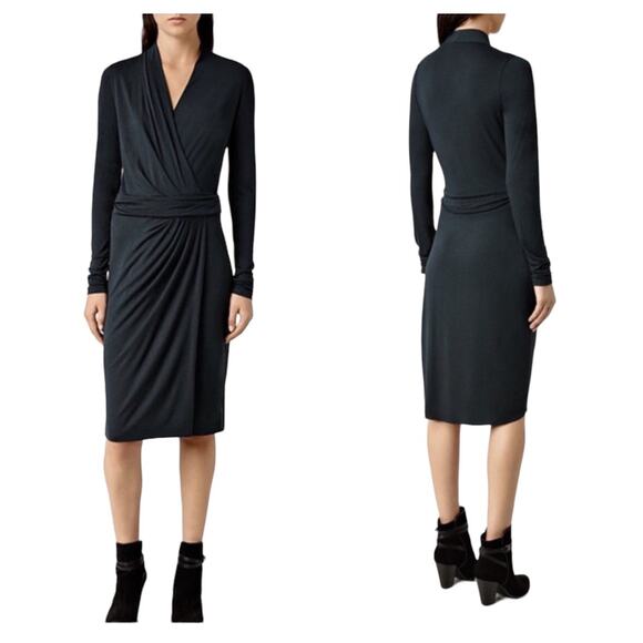Allsaints Tame Dress Black Size‎ Small Faux Wrap Assymetrical Hem